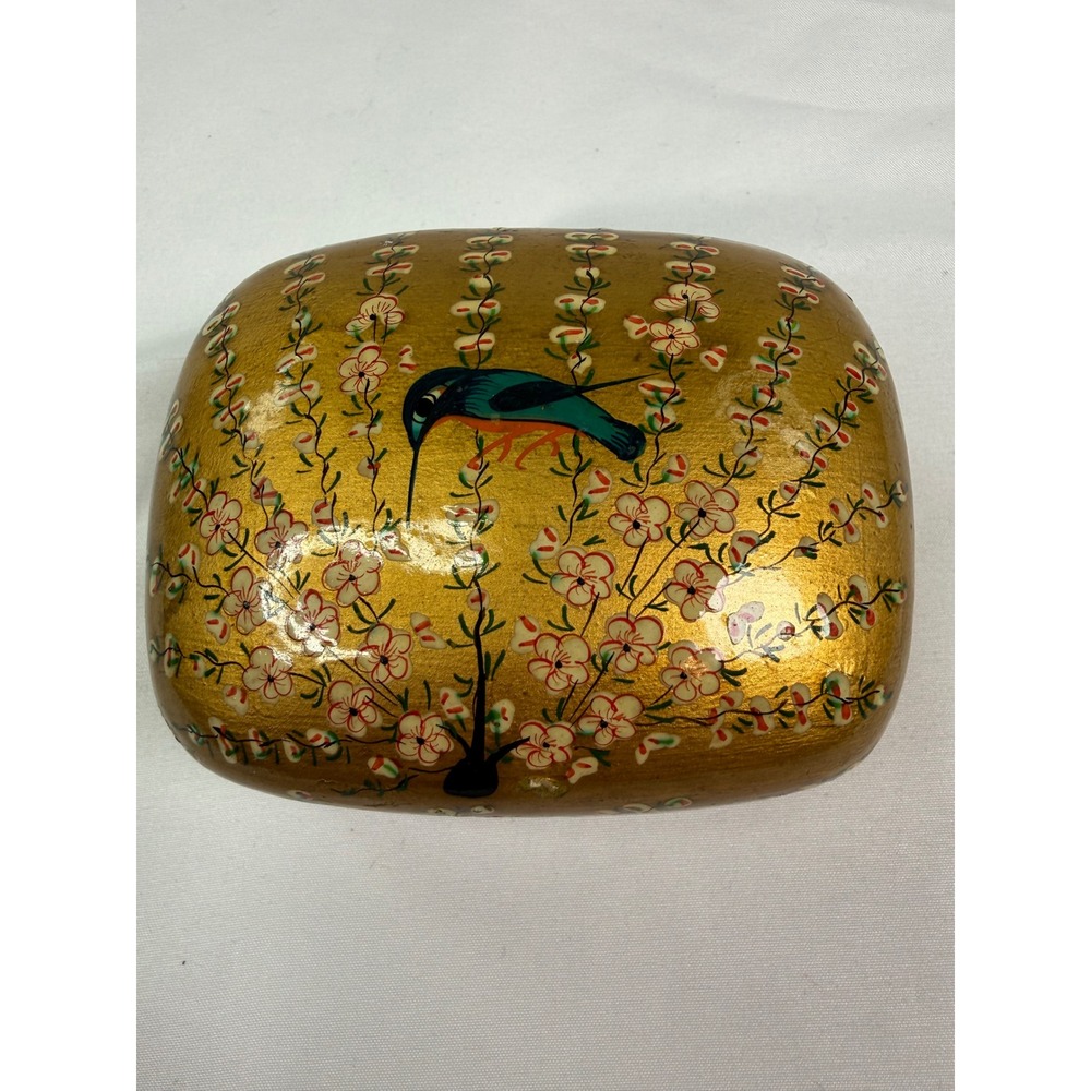 Vintage Hand Painted Papier Mache Trinket Box Gold Bird Cherry Blossom Lacquer
